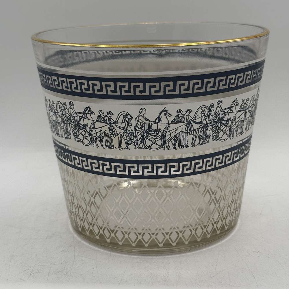 VTG‎ Ice Bucket "Patrician" Jeannette Glass Blue & White Greek Design Gold Trim